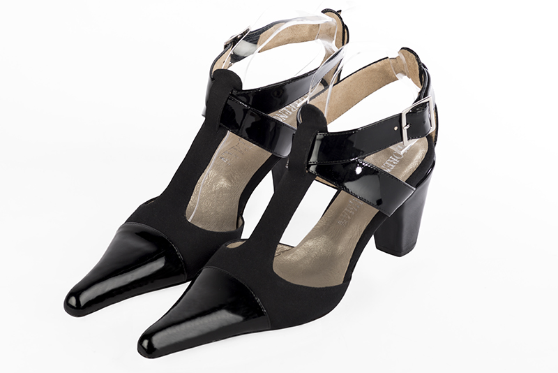 Gloss black women's open back T-strap shoes. Pointed toe. Medium cone heels. Front view - Florence KOOIJMAN